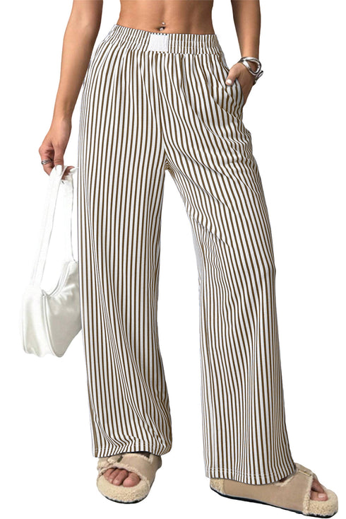 Vertical Stripe Elastic High Waist Pocketed Wide Leg Pants